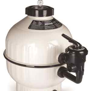 filtro-cantabric-astralpool-1 | PisciManía White swimming pool sand filter with a black top, pressure gauge, and multiport valve for filtration.