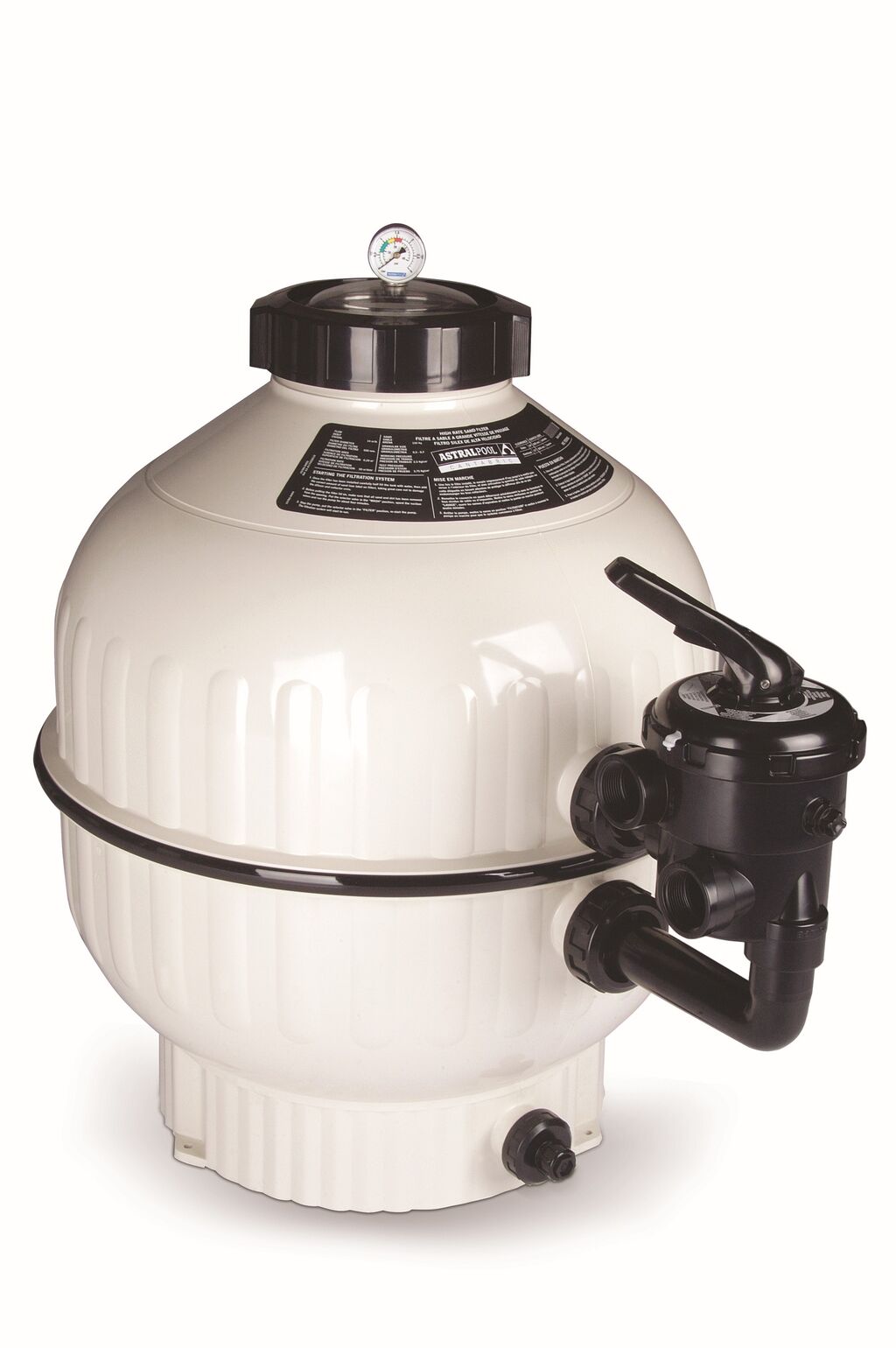 filtro-cantabric-astralpool-1 | PisciManía White swimming pool sand filter with a black top, pressure gauge, and multiport valve for filtration.