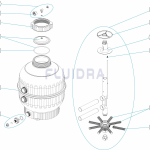 filtro-cantabric-astralpool-2 | PisciManía Exploded diagram of a mechanical assembly with a threaded top cap, seals, fittings, and a central column; parts are numbered 1–13.