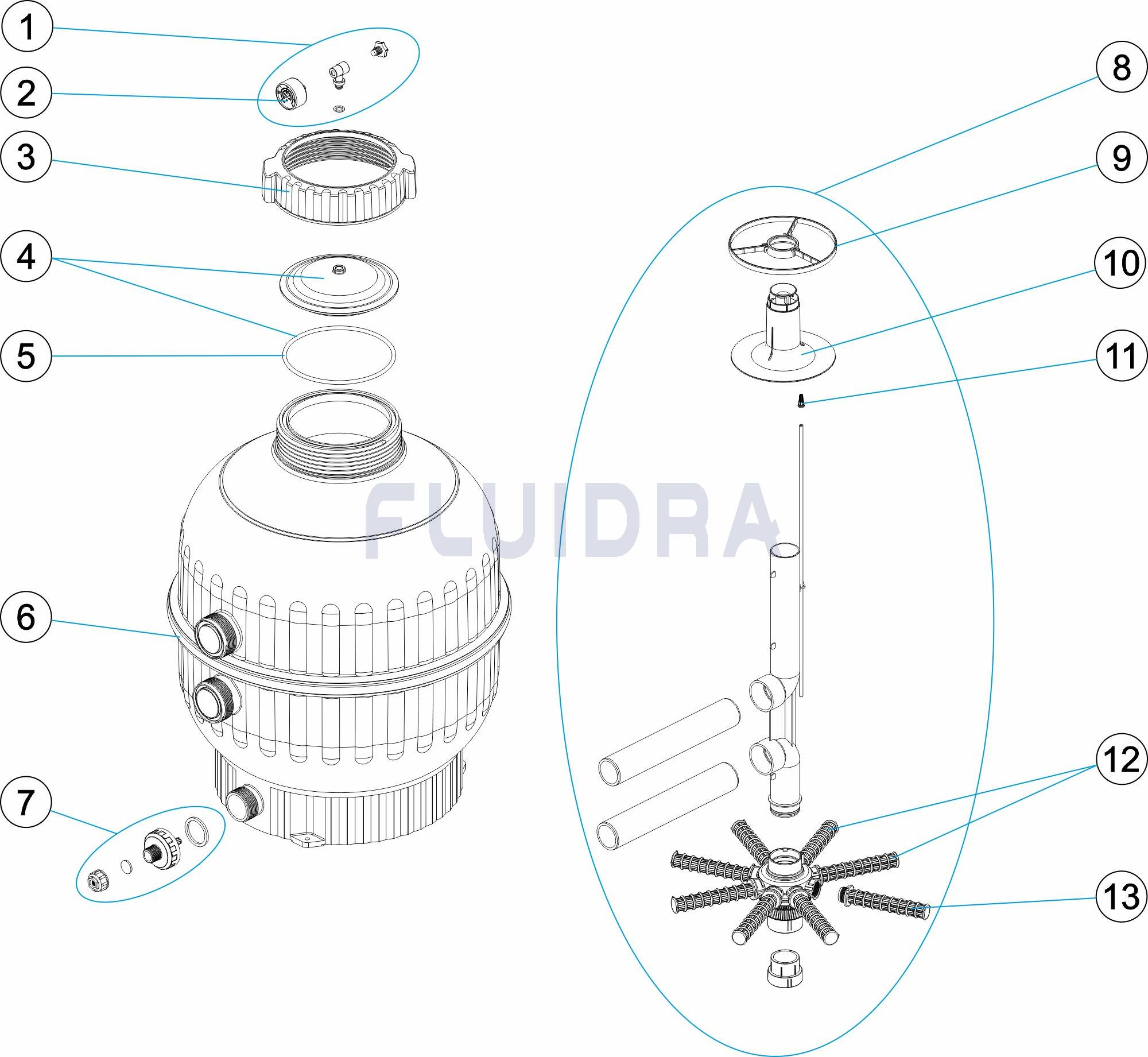 filtro-cantabric-astralpool-2 | PisciManía Exploded diagram of a mechanical assembly with a threaded top cap, seals, fittings, and a central column; parts are numbered 1–13.