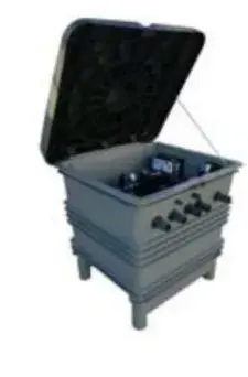 41910-1 | PisciManía Gas grill with lid open, showing burners and control knobs on the front panel, standing on a four-legged base.