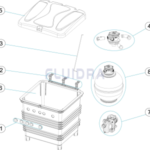 41910-2 | PisciManía Exploded parts diagram of a device showing the main unit with lid, accessories, and internal components labeled 1 through 8, with blue-circled zoom-ins of subassemblies and callouts