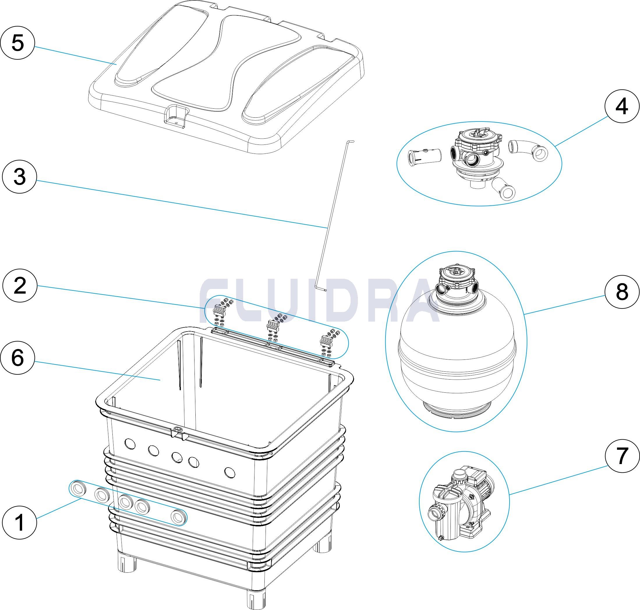 41910-2 | PisciManía Exploded parts diagram of a device showing the main unit with lid, accessories, and internal components labeled 1 through 8, with blue-circled zoom-ins of subassemblies and callouts