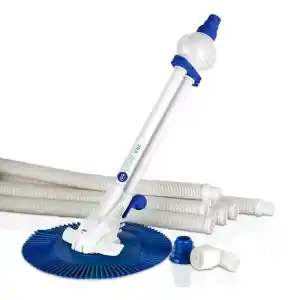 19001-1 | PisciManía Blue circular pool vacuum head attached to a white telescoping pole with white hoses and blue fittings for pool cleaning.