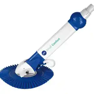 ar20682-2 | PisciManía Rotating pool cleaning brush head with blue bristles and a white handle labeled Small Comfort One side shows a blue joint and a white connector at the top.