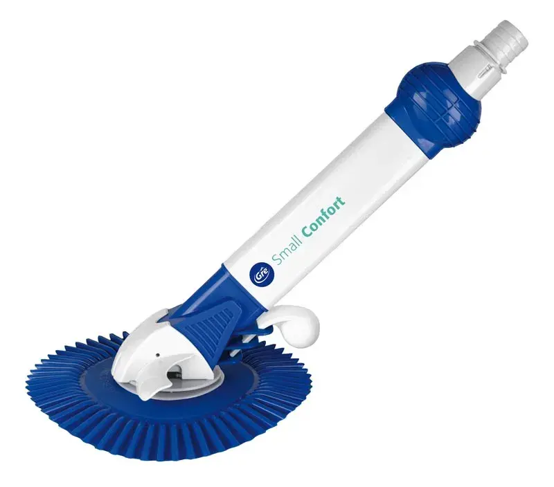 ar20682-2 | PisciManía Rotating pool cleaning brush head with blue bristles and a white handle labeled Small Comfort One side shows a blue joint and a white connector at the top.