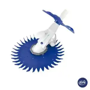 19007-1 | PisciManía Automatic pool cleaner head (blue circular brush) with white central mechanism and blue handle, used to scrub and vacuum pool surfaces.