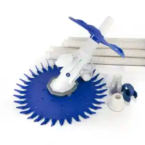 19007-4 | PisciManía Blue circular pool cleaning wheel with spiked edges, attached to a white valve assembly, surrounded by hoses and fittings.
