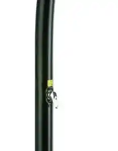 ar10250-1 | PisciManía Tall black curved street light post with a small angled lamp at the top and a base plate at the bottom against a white background