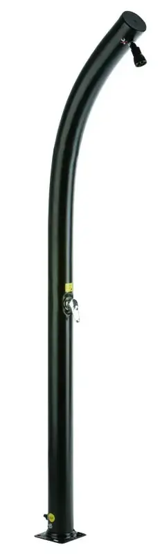 ar10250-1 | PisciManía Tall black curved street light post with a small angled lamp at the top and a base plate at the bottom against a white background