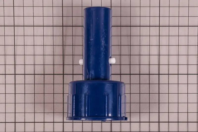 vcb10-2 | PisciManía Blue plastic component with a tall vertical cylinder on top of a wide circular base, featuring small white pegs on the sides and a grid background.