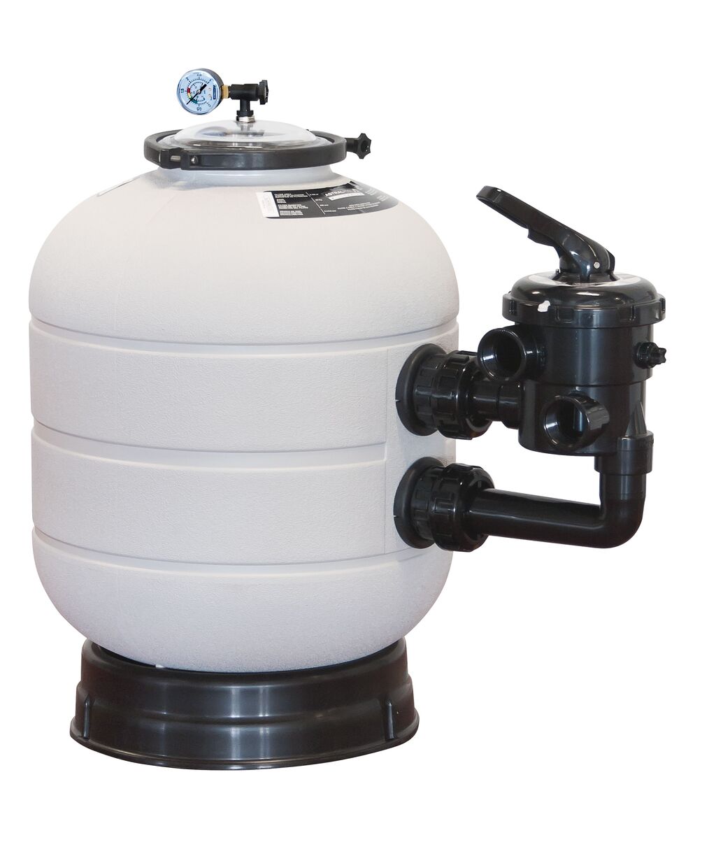 filtro-millennium-lateral-astralpool-1 | PisciManía Above-ground pool sand filter with a black multiport valve and pressure gauge on top.