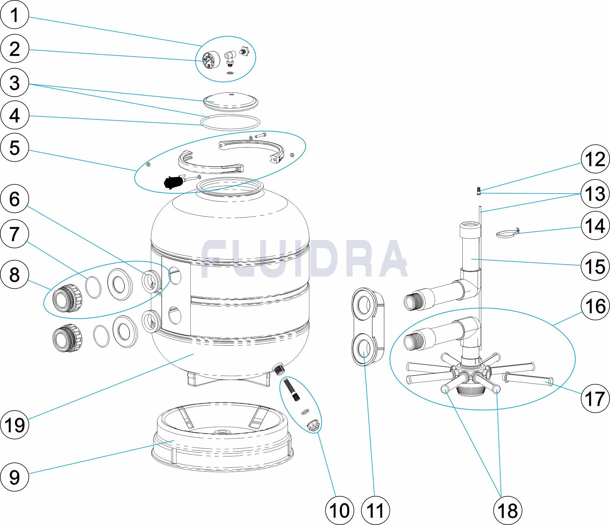 filtro-millennium-lateral-astralpool-2 | PisciManía Exploded assembly diagram of a cylindrical water heater showing parts and fittings labeled 1–19.