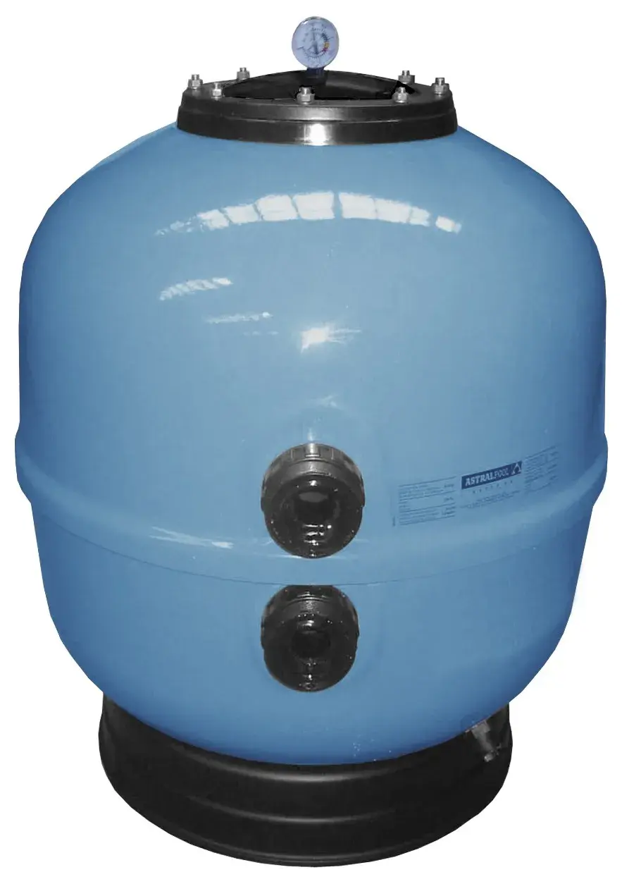 filtro-ice-depuradora-piscina-astralpool-1 | PisciManía Blue cylindrical water storage tank with a top pressure gauge and two side outlets, resting on a black base.