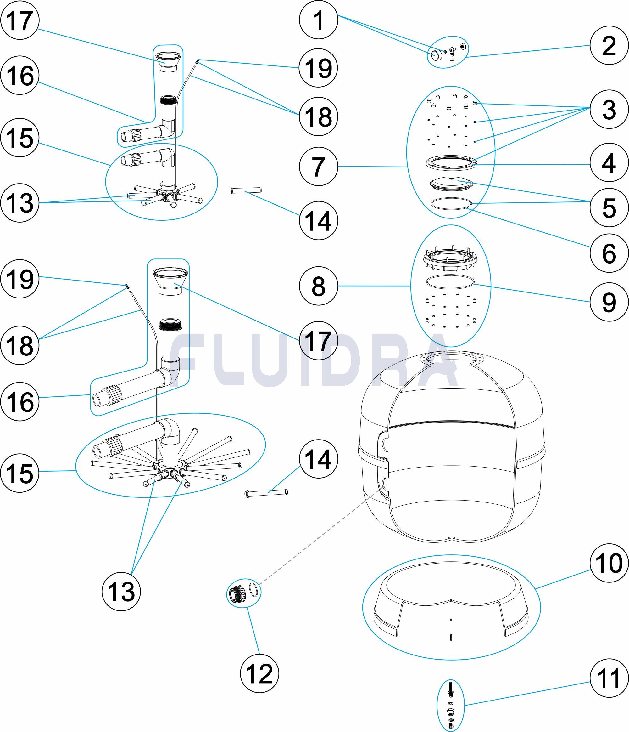 filtro-ice-depuradora-piscina-astralpool-2 | PisciManía Exploded diagram of a pool filter system showing numbered parts like pump, fittings, canister, valve, and lid.