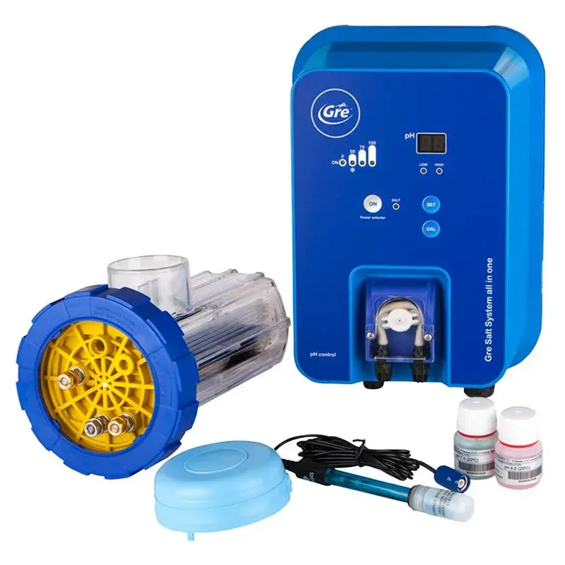 scgphp100-1 | PisciManía Blue Gre saltwater pool chlorinator kit with control unit, salt cell, and accessories for all-in-one operation.