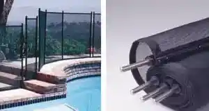 sf133-2 | PisciManía Collage of four pool-area features: glass fencing around a backyard pool, with steps and decking; a rolled-up pool safety cover; and a gate hinge/latch on a fence.