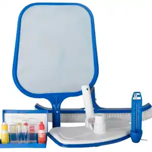 kma05-1 | PisciManía All-in-one blue pool cleaning kit with net, brush, pole, and chemical tester set for maintaining a swimming pool