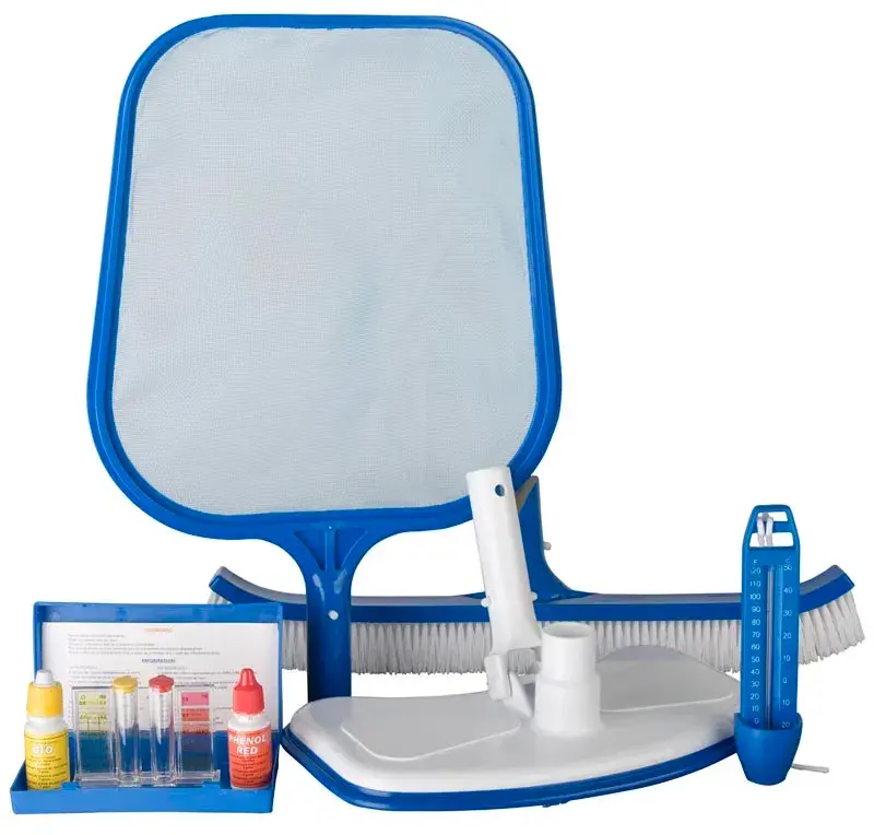 kma05-1 | PisciManía All-in-one blue pool cleaning kit with net, brush, pole, and chemical tester set for maintaining a swimming pool