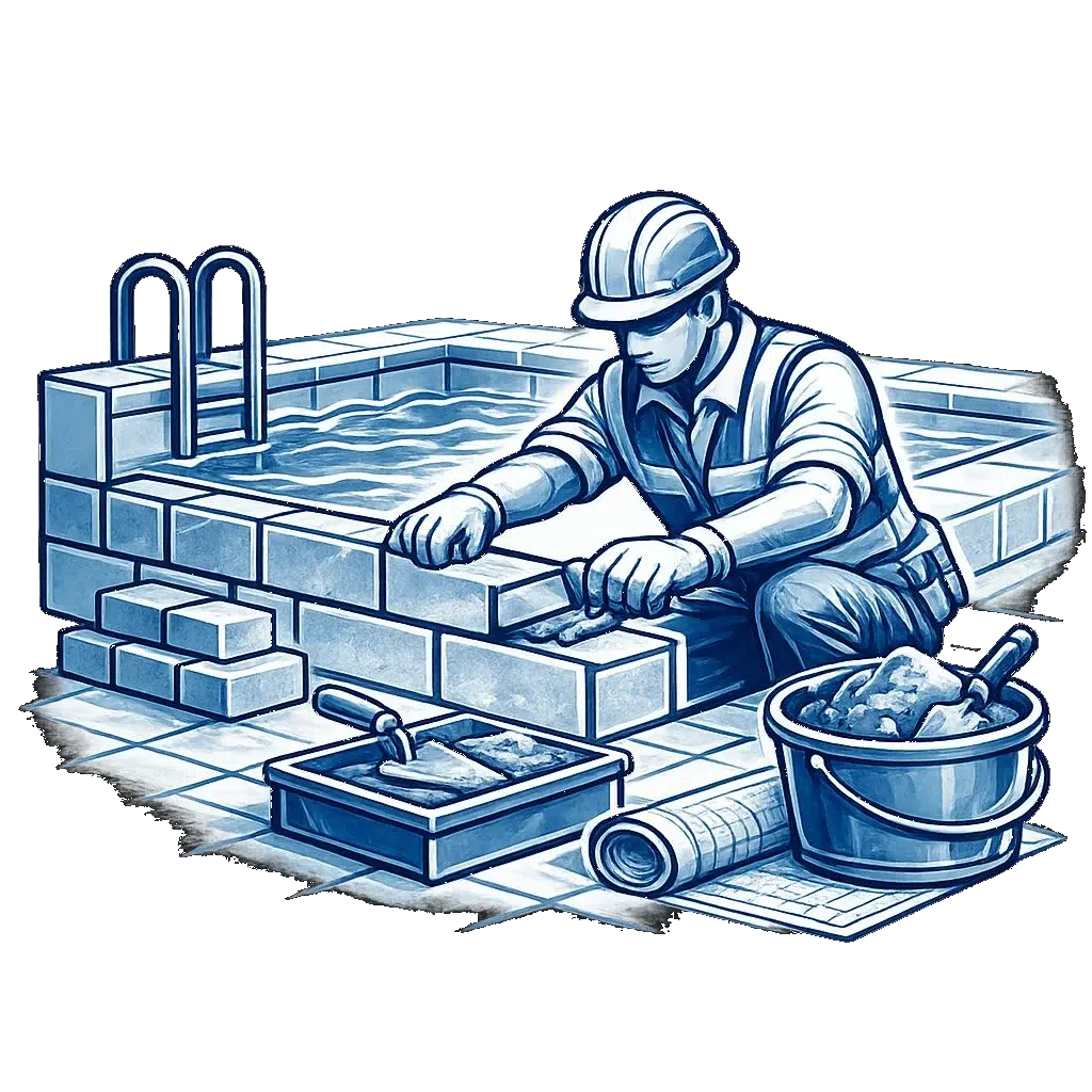 Construction worker in hard hat laying bricks to build a wall beside a pool, with trowel and bucket nearby