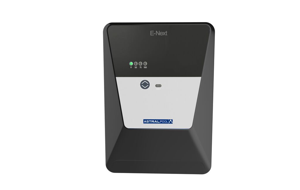 clorador-salino-e-next-astralpool-1 | PisciManía Wall-mounted pool control unit labeled 'E-Next' with four status LEDs and an AstralPool logo at the bottom center.