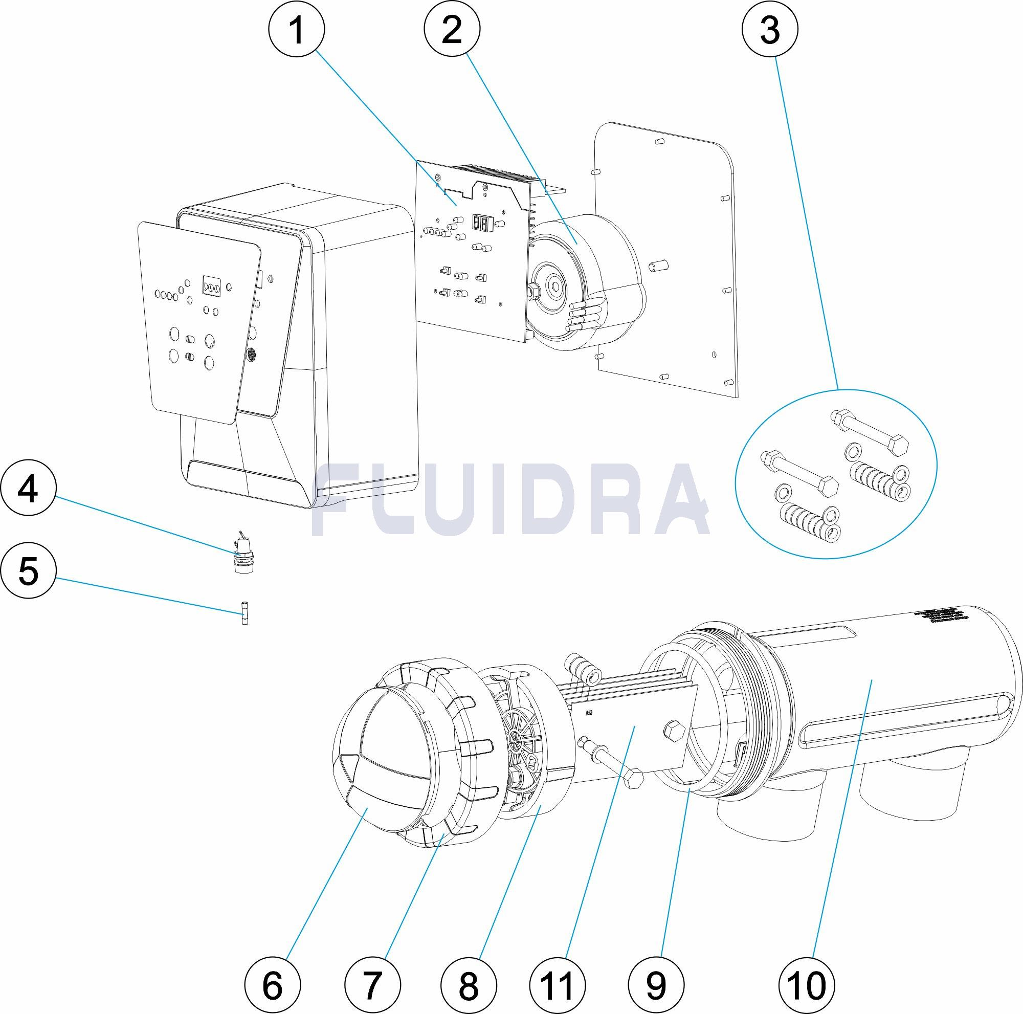 clorador-salino-e-next-astralpool-2 | PisciManía Exploded assembly diagram of a device, showing outer casing, internal circuit board, and fasteners with callouts 1–11.