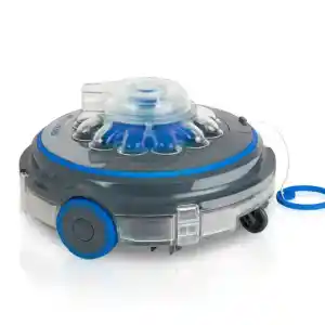 rbr75-1 | PisciManía Round gray pool cleaner with blue accents and a transparent lid, resting on a white surface on wheels and a tether nearby.
