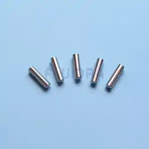 wr000189-3 | PisciManía Five small silver cylindrical metal pins scattered on a blue surface, likely dowel pins for mechanical alignment.