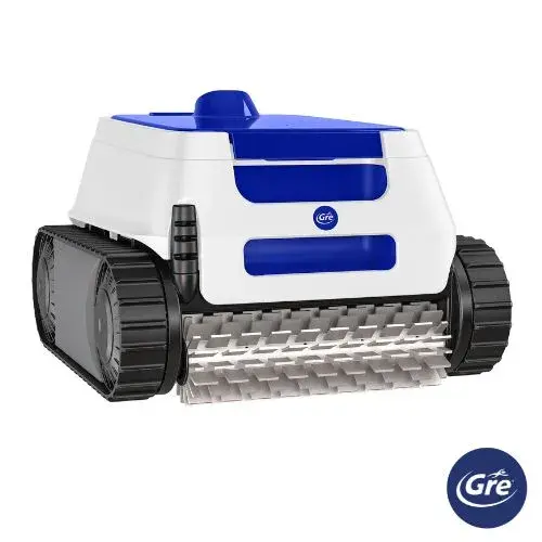 wr000501-1 | PisciManía White and blue robotic pool cleaner with black tracks and a front rotating brush, designed to scrub pool floors and walls.