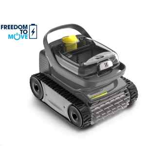 wr000625-1 | PisciManía Autonomous robotic lawn mower with tracks, yellow top handle, and a transparent deck on a white background; features a 'Freedom to Move' logo nearby.