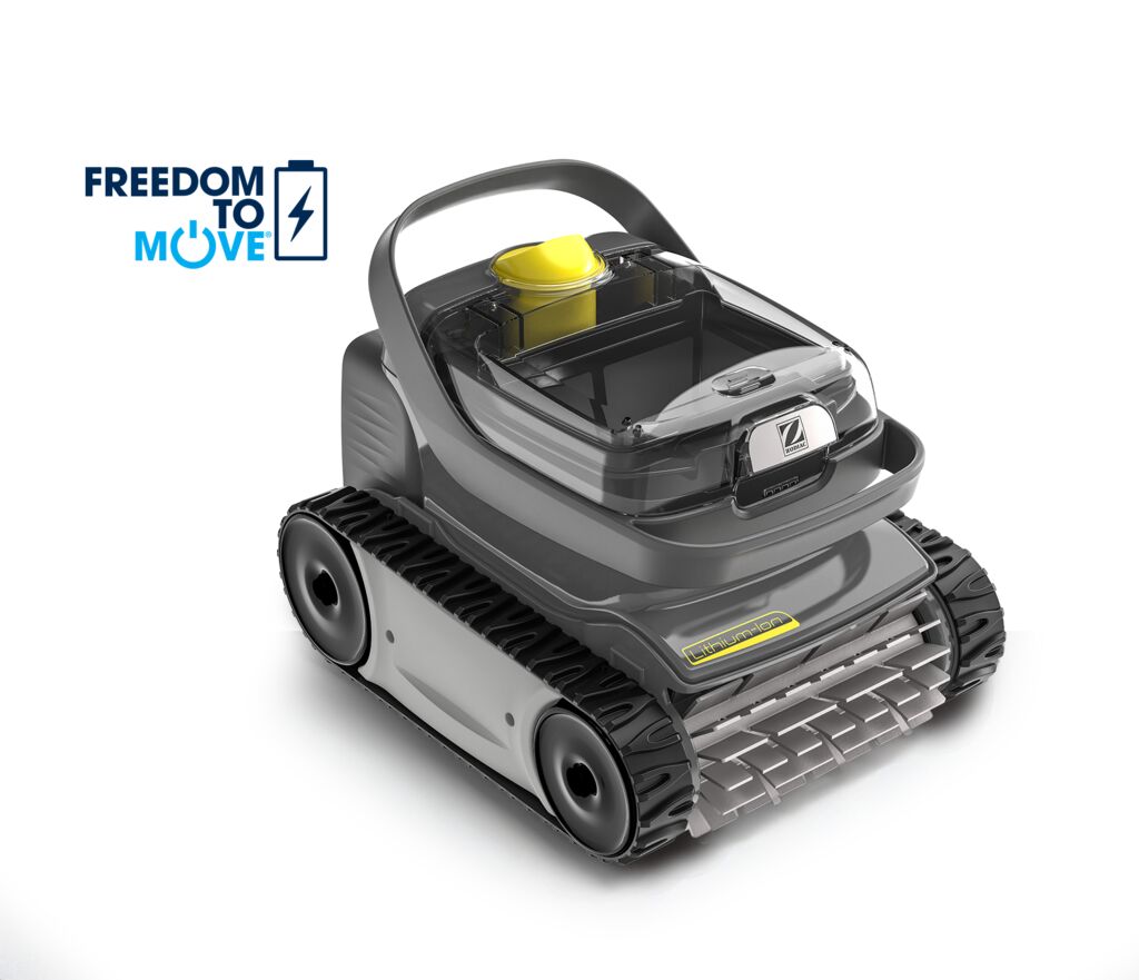 wr000625-1 | PisciManía Autonomous robotic lawn mower with tracks, yellow top handle, and a transparent deck on a white background; features a 'Freedom to Move' logo nearby.