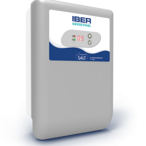 unnamed-2-6png | PisciManía Pool salt chlorinator unit with IBER Cover Pool branding and blue wave panel on a gray cabinet.