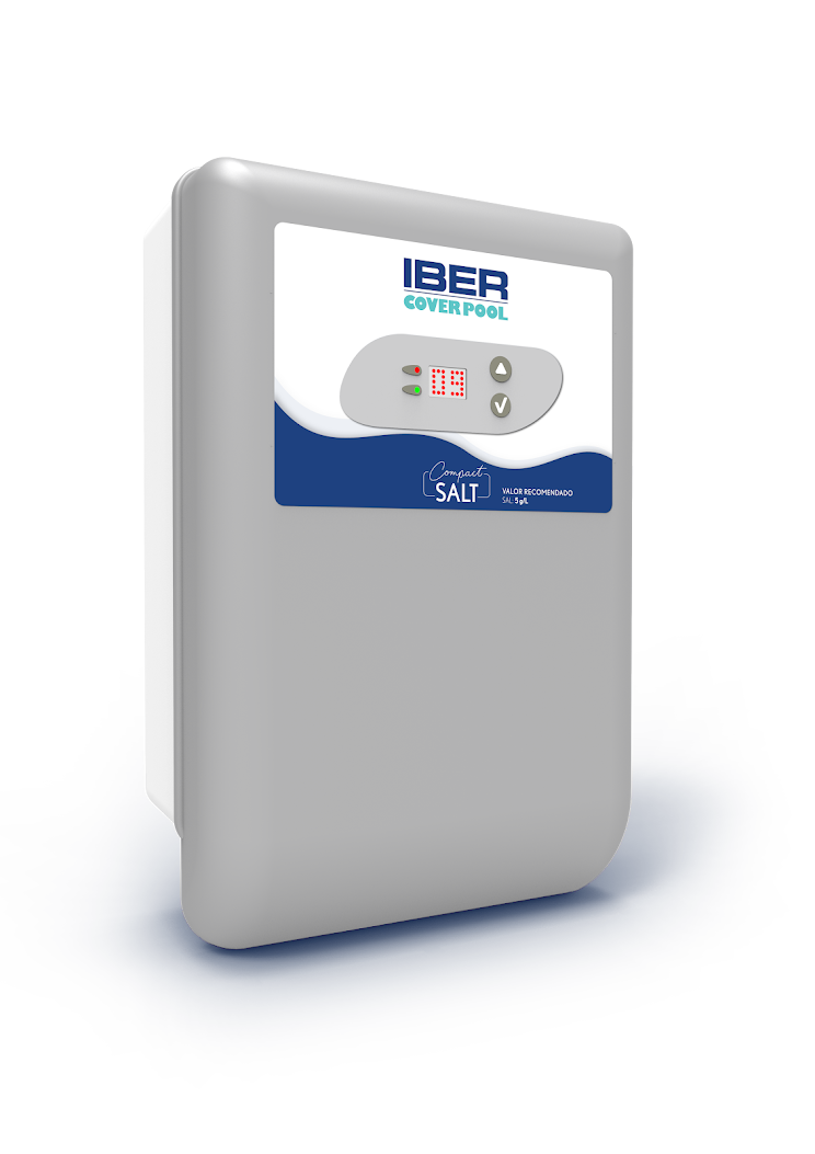 unnamed-2-6png | PisciManía Pool salt chlorinator unit with IBER Cover Pool branding and blue wave panel on a gray cabinet.