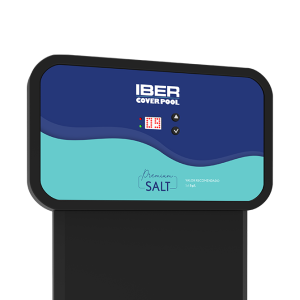 unnamed-2-7png | PisciManía Pool salt dispenser unit with blue front panel reading 'IBER COVER POOL' and 'Premium Salt' text on a dark stand.